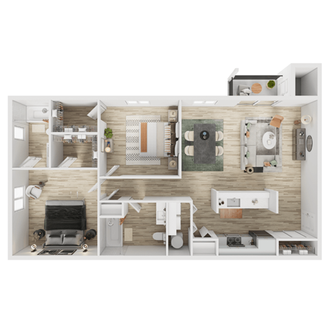 A top-down view of a small apartment layout with a kitchen, living room, and bedroom.